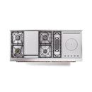 Stainless steel range with open burner access and copper details on the base