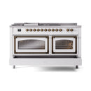 White gas dual fuel range with both oven doors closed and bronze control trim