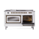 White dual fuel range with left oven open, showing racks and heating elements
