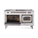 White dual-fuel range with both oven doors open, showing racks and burners