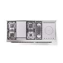 Gas dual fuel range underside view with burners and internal layout