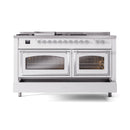 White dual fuel range front view with both oven windows and chrome-trim knobs