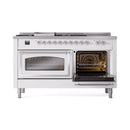ILVE dual fuel gas range with left and right oven doors open, stainless interior