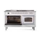 White dual fuel range with right oven door open, interior racks visible behind glass