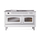 White dual fuel range with two oven doors open, showing oven racks and burner grates