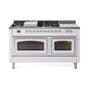 ILVE dual fuel gas range front view with burner grates, griddle, and chrome knobs