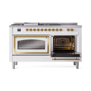 White dual-fuel range with left oven door open, interior racks visible