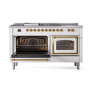 White dual fuel range front view with left oven open and right brass-trimmed oven door closed