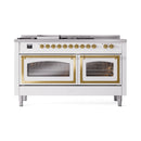 White dual-fuel range with both oven doors closed and brass trim framing