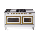 White dual-fuel range with brass-trim oven doors, gas burners, and griddle