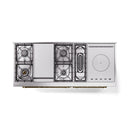 Underside view of white dual-fuel range showing burner and oven components