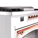 White cooktop control panel with copper knobs and digital display