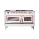 White range front with closed dual oven doors and copper-trimmed handles