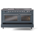 ILVE Professional Plus II 60-Inch 3.5 + 1.52 Cu. Ft. Propane Gas Dual Fuel Range with 7 Burners, Griddle, French Top and Solid Door in Blue Grey (UP60FSQMPBGLP)