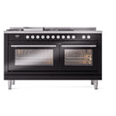 ILVE Professional Plus II 60-Inch 3.5 + 1.52 Cu. Ft. Propane Gas Dual Fuel Range with 7 Burners, Griddle, French Top and Solid Door in Glossy Black (UP60FSQMPBKLP)
