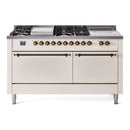 ILVE Nostalgie II 60 inch Propane Gas Range with 10 Sealed Burners, Griddle with Triple Glass Door in Antique White with Burnished Trim