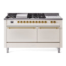 ILVE Nostalgie II 60 inch Propane Gas Range with 10 Sealed Burners, Griddle with Triple Glass Door in Antique White with Brass Trim