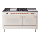 ILVE Nostalgie II 60-Inch Dual Fuel Range with 7 Burners, Griddle, & French Top with Solid Door Oven in Antique White with Copper Trim (UP60FSQNMPAWP)