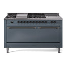 ILVE Nostalgie II 60-Inch Dual Fuel Range with 7 Burners, Griddle, & French Top with Solid Door Oven in Blue Grey with Bronze Trim (UP60FSQNMPBGB)