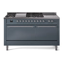 ILVE Nostalgie II 60-Inch Dual Fuel Range with 7 Burners, Griddle, & French Top with Solid Door Oven in Blue Grey with Chrome Trim (UP60FSQNMPBGC)