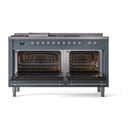 ILVE Nostalgie II 60-Inch  Propane Gas Dual Fuel Range  with 7 Burners, Griddle, & French Top with Solid Door Oven in Blue Grey with Chrome Trim (UP60FSQNMPBGC)