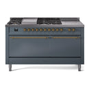 ILVE Nostalgie II 60 inch Propane Gas Range with 10 Sealed Burners, Griddle with Triple Glass Door in Blue Grey with Brass Trim