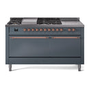 ILVE Nostalgie II 60 inch Propane Gas Range with 10 Sealed Burners, Griddle with Triple Glass Door in Blue Grey with Copper Trim