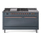 ILVE Nostalgie II 60-Inch Dual Fuel Range with 7 Burners, Griddle, & French Top with Solid Door Oven in Blue Grey with Copper Trim (UP60FSQNMPBGP)