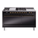 ILVE Nostalgie II 60 inch Propane Gas Range with 10 Sealed Burners, Griddle with Triple Glass Door in Glossy Black with Burnished Trim