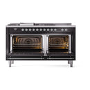 ILVE Nostalgie II 60-Inch Dual Fuel Range with 7 Burners, Griddle, & French Top with Solid Door Oven in Glossy Black with Chrome Trim (UP60FSQNMPBKC)