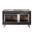ILVE Nostalgie II 60 inch Propane Gas Range with 10 Sealed Burners, Griddle with Triple Glass Door in Glossy Black with Brass Trim