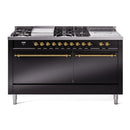 ILVE Nostalgie II 60 inch Propane Gas Range with 10 Sealed Burners, Griddle with Triple Glass Door in Glossy Black with Brass Trim