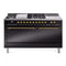 ILVE Nostalgie II 60 inch Propane Gas Range with 10 Sealed Burners, Griddle with Triple Glass Door in Glossy Black with Brass Trim