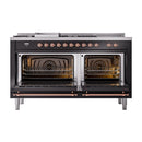 ILVE Nostalgie II 60 inch Propane Gas Range with 10 Sealed Burners, Griddle with Triple Glass Door in Glossy Black with Copper Trim