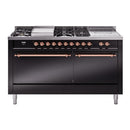 ILVE Nostalgie II 60 inch Propane Gas Range with 10 Sealed Burners, Griddle with Triple Glass Door in Glossy Black with Copper Trim