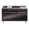 ILVE Nostalgie II 60 inch Propane Gas Range with 10 Sealed Burners, Griddle with Triple Glass Door in Glossy Black with Copper Trim