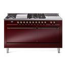 ILVE Nostalgie II 60 inch Propane Gas Range with 10 Sealed Burners, Griddle with Triple Glass Door in Burgundy with Burnished Trim