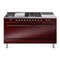 ILVE Nostalgie II 60 inch Propane Gas Range with 10 Sealed Burners, Griddle with Triple Glass Door in Burgundy with Burnished Trim