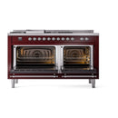 ILVE Nostalgie II 60 inch Propane Gas Range with 10 Sealed Burners, Griddle with Triple Glass Door in Burgundy with Chrome Trim