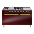 ILVE Nostalgie II 60-Inch  Propane Gas Dual Fuel Range  with 7 Burners, Griddle, & French Top with Solid Door Oven in Burgundy with Brass Trim (UP60FSQNMPBUG)