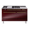 ILVE Nostalgie II 60-Inch  Propane Gas Dual Fuel Range  with 7 Burners, Griddle, & French Top with Solid Door Oven in Burgundy with Brass Trim (UP60FSQNMPBUG)