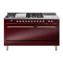 ILVE Nostalgie II 60 inch Propane Gas Range with 10 Sealed Burners, Griddle with Triple Glass Door in Burgundy with Copper Trim