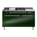 ILVE Nostalgie II 60 inch Propane Gas Range with 10 Sealed Burners, Griddle with Triple Glass Door in Emerald Green with Chrome Trim