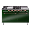 ILVE Nostalgie II 60 inch Propane Gas Range with 10 Sealed Burners, Griddle with Triple Glass Door in Emerald Green with Copper Trim