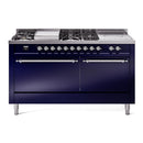 ILVE Nostalgie II 60-Inch Dual Fuel Range with 7 Burners, Griddle, & French Top with Solid Door Oven in Midnight Blue with Chrome Trim (UP60FSQNMPMBC)