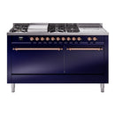 ILVE Nostalgie II 60-Inch Dual Fuel Range with 7 Burners, Griddle, & French Top with Solid Door Oven in Midnight Blue with Copper Trim (UP60FSQNMPMBP)