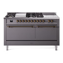 ILVE Nostalgie II 60-Inch  Propane Gas Dual Fuel Range  with 7 Burners, Griddle, & French Top with Solid Door Oven in Matte Graphite with Bronze Trim (UP60FSQNMPMGB)
