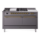 ILVE Nostalgie II 60-Inch  Propane Gas Dual Fuel Range  with 7 Burners, Griddle, & French Top with Solid Door Oven in Matte Graphite with Brass Trim (UP60FSQNMPMGG)