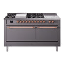 ILVE Nostalgie II 60 inch Propane Gas Range with 10 Sealed Burners, Griddle with Triple Glass Door in Graphite Matte with Copper Trim