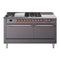 ILVE Nostalgie II 60-Inch Dual Fuel Range with 7 Burners, Griddle, & French Top with Solid Door Oven in Matte Graphite with Copper Trim (UP60FSQNMPMGP)